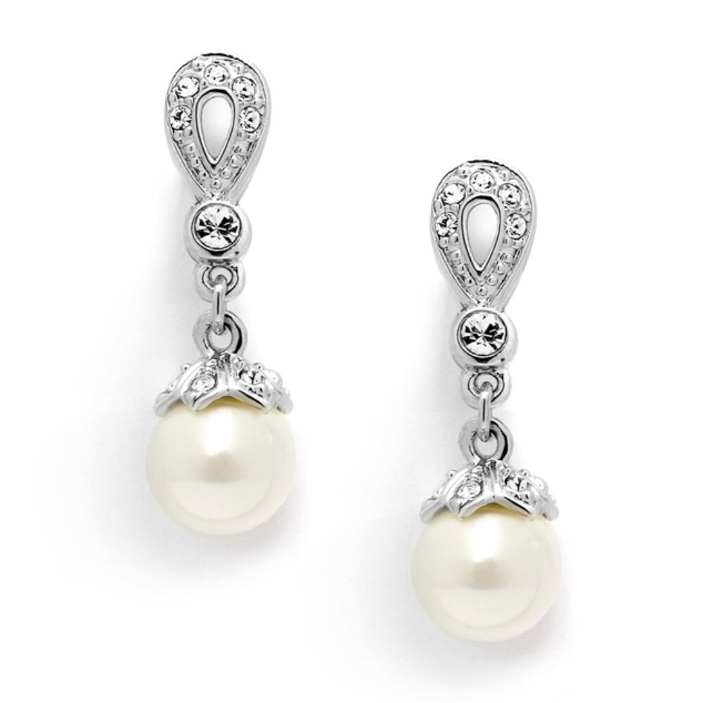 Clip On Vintage Cubic Zirconia Pave Earrings with Ivory Pearl Drops